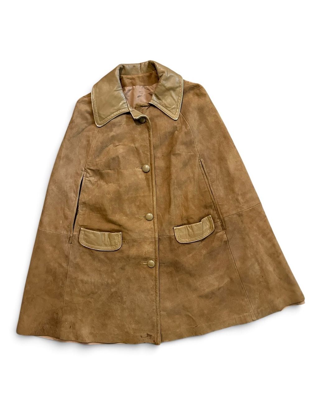1960s Tan Suede Cape Coat with Leather Trim